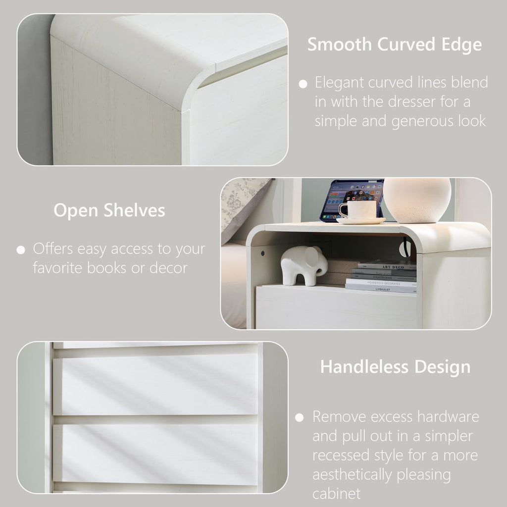 Aitjunz 25" Tall Modern Nightstand, Wood Curved Bedside Table, White