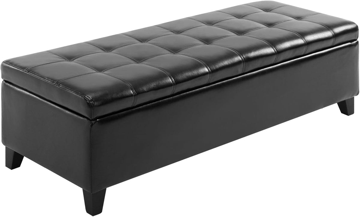 51inches Rectangular Tufted Faux Leather Storage Ottoman Black Modern Premium Comfortable Luxury Stylish Elegant Contemporary