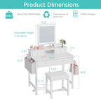 White Makeup Vanity Desk with Mirror and Lights, Vanity Set with Chair, Make Up Dresser Table with Drawers and Power Outlet for Girls Bedroom Small Space
