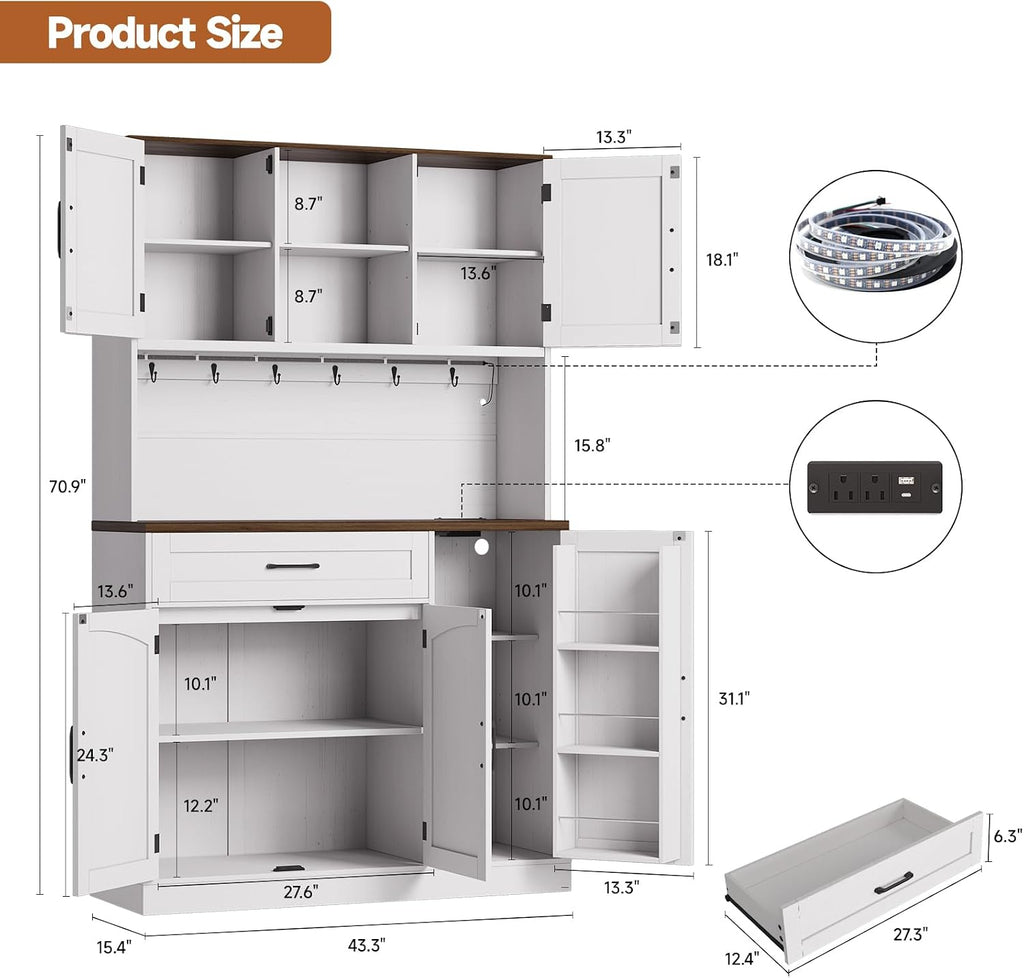 ONBRILL 71" Kitchen Pantry Cabinet with LED Light/Outlet, Off White+Walnut | Pantry Cabinet, Kitchen Hutch with Microwave Shelf & 6 Hooks, Door Shelves & Drawer & Adjustable Shelves, for Dining Room