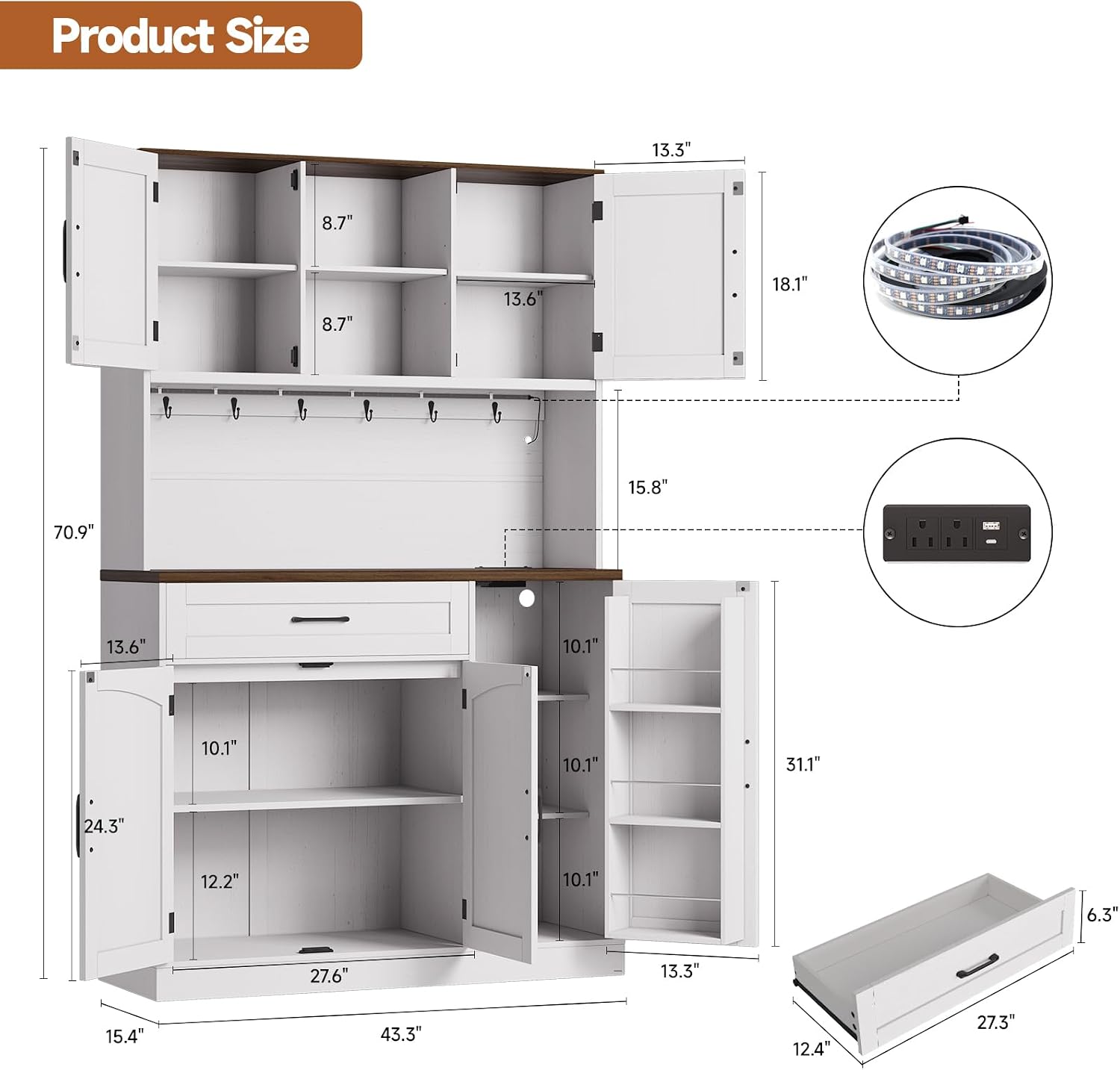 ONBRILL 71" Kitchen Pantry Cabinet with LED Light/Outlet, Off White+Walnut | Pantry Cabinet, Kitchen Hutch with Microwave Shelf & 6 Hooks, Door Shelves & Drawer & Adjustable Shelves, for Dining Room
