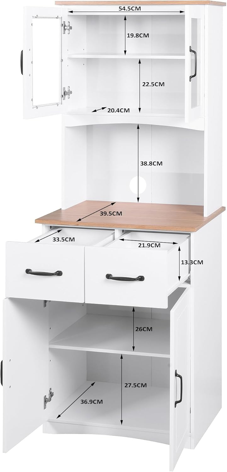 Wooden Kitchen Pantry Cabinet with Framed Glass Doors & Drawer – Microwave Storage Hutch with Adjustable Shelves & Anti-Topple Design