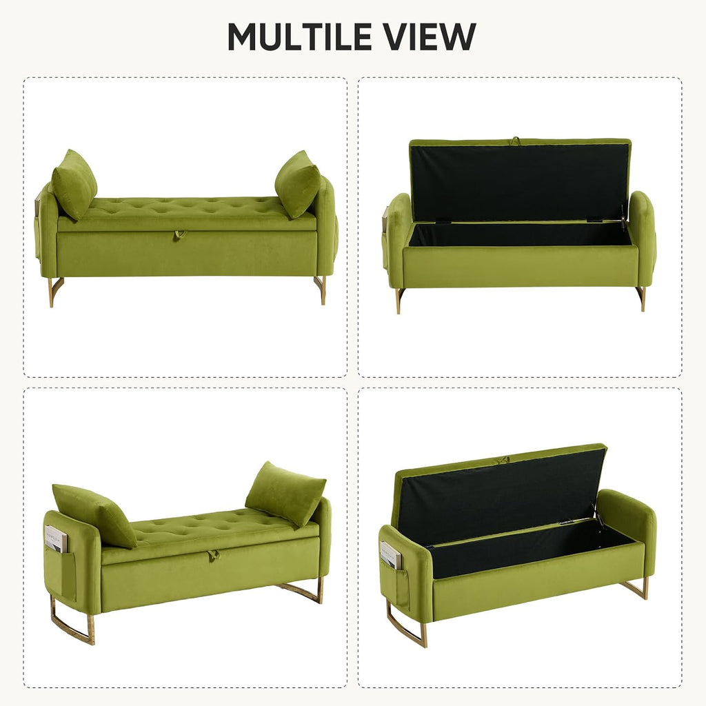 48" End of Bed Bench, Modern Storage Benches with Button-Tufted, Velvet Upholstered Storage Ottoman Bench for Foot of Bed with Arms, Gold Legs Window and Entryway, Olive Green