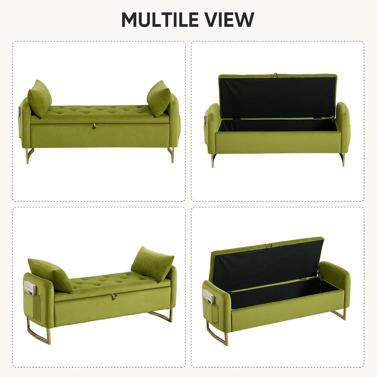 48" End of Bed Bench, Modern Storage Benches with Button-Tufted, Velvet Upholstered Storage Ottoman Bench for Foot of Bed with Arms, Gold Legs Window and Entryway, Olive Green
