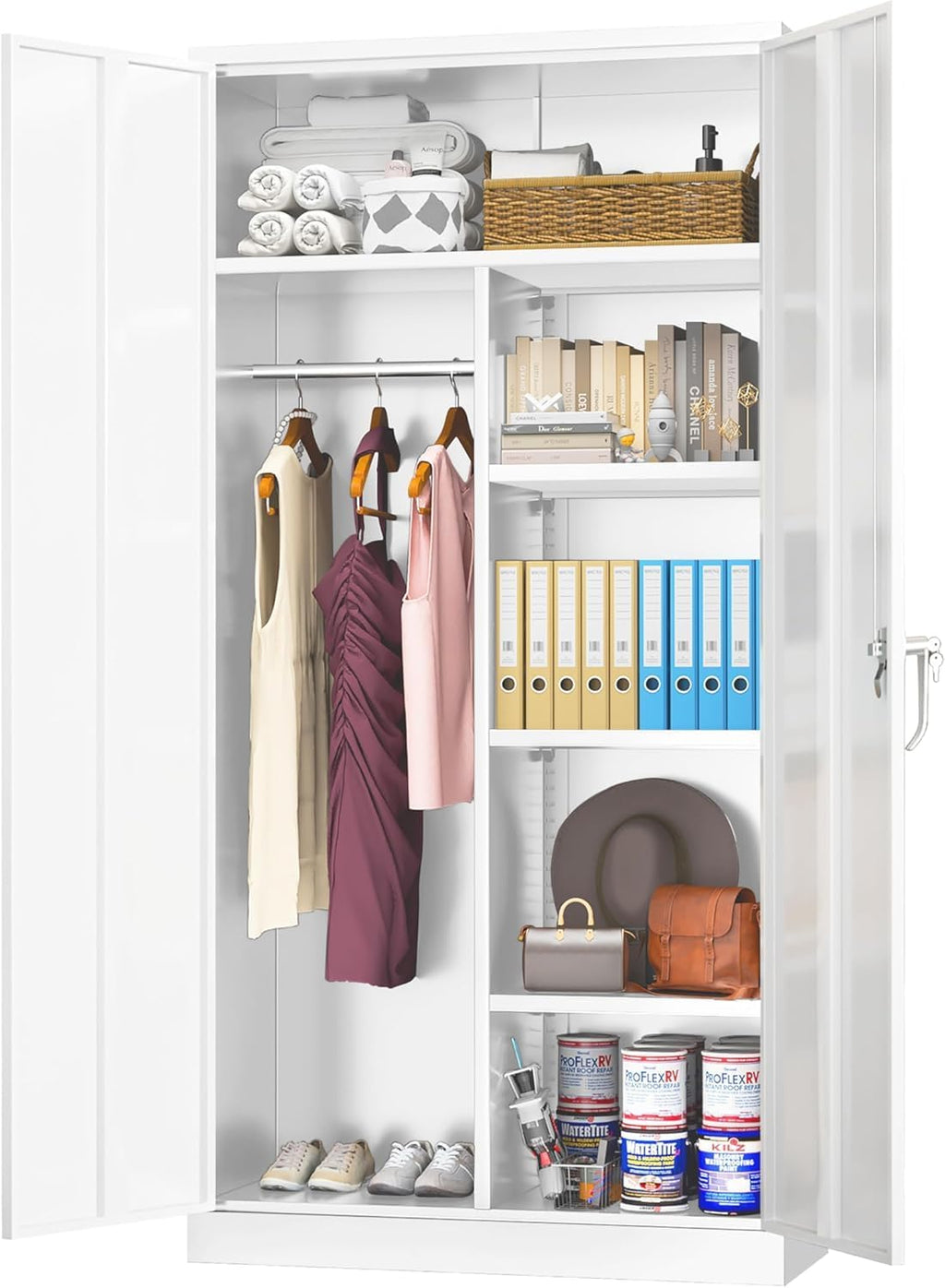 Bonusall Metal Wardrobe Closet, 72" Armoire Wardrobe with Lockable Doors, Split Closet Design, Left for Hanging and Right for Shelves, Armoires for Home Office, Bedroom, Laundry Room(White)