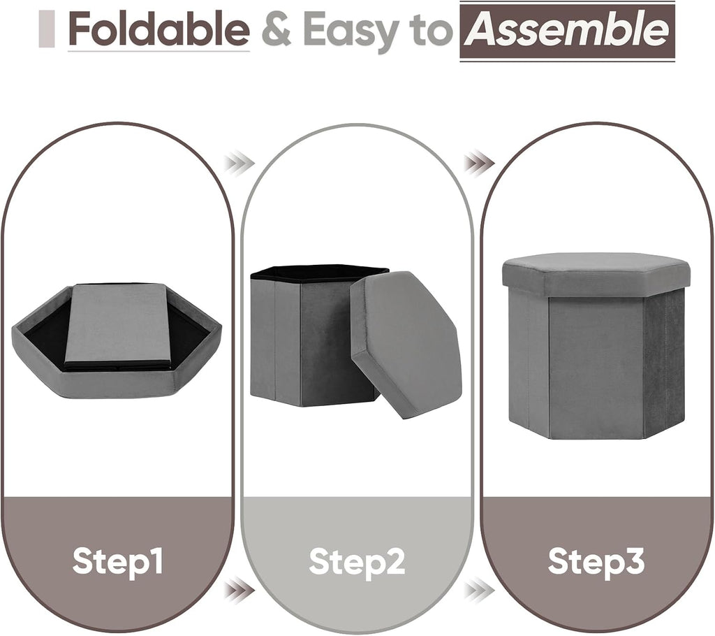 Hexagon Storage Ottoman, 15 Inch Foldable Footstool Charcoal Grey | Soft Velvet Upholstery, Hidden Storage, Compact Footrest, Small Accent Ottoman for Entryway, Living Room and Dorm