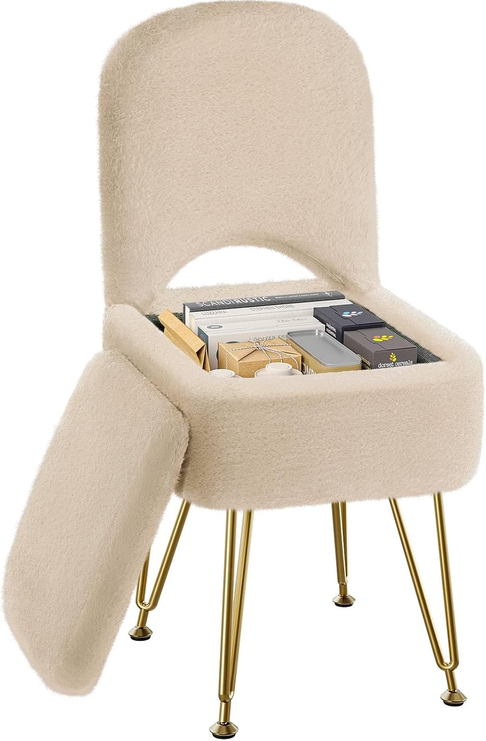 GREENSTELL Vanity Stool Chair with Storage and Folding Back, 13.4" x 15" x 30" Square Faux Fur Soft Ottoman, 4 Metal Legs with Anti-Slip Feet, Furry Padded Seat for Makeup, Bedroom, Camel