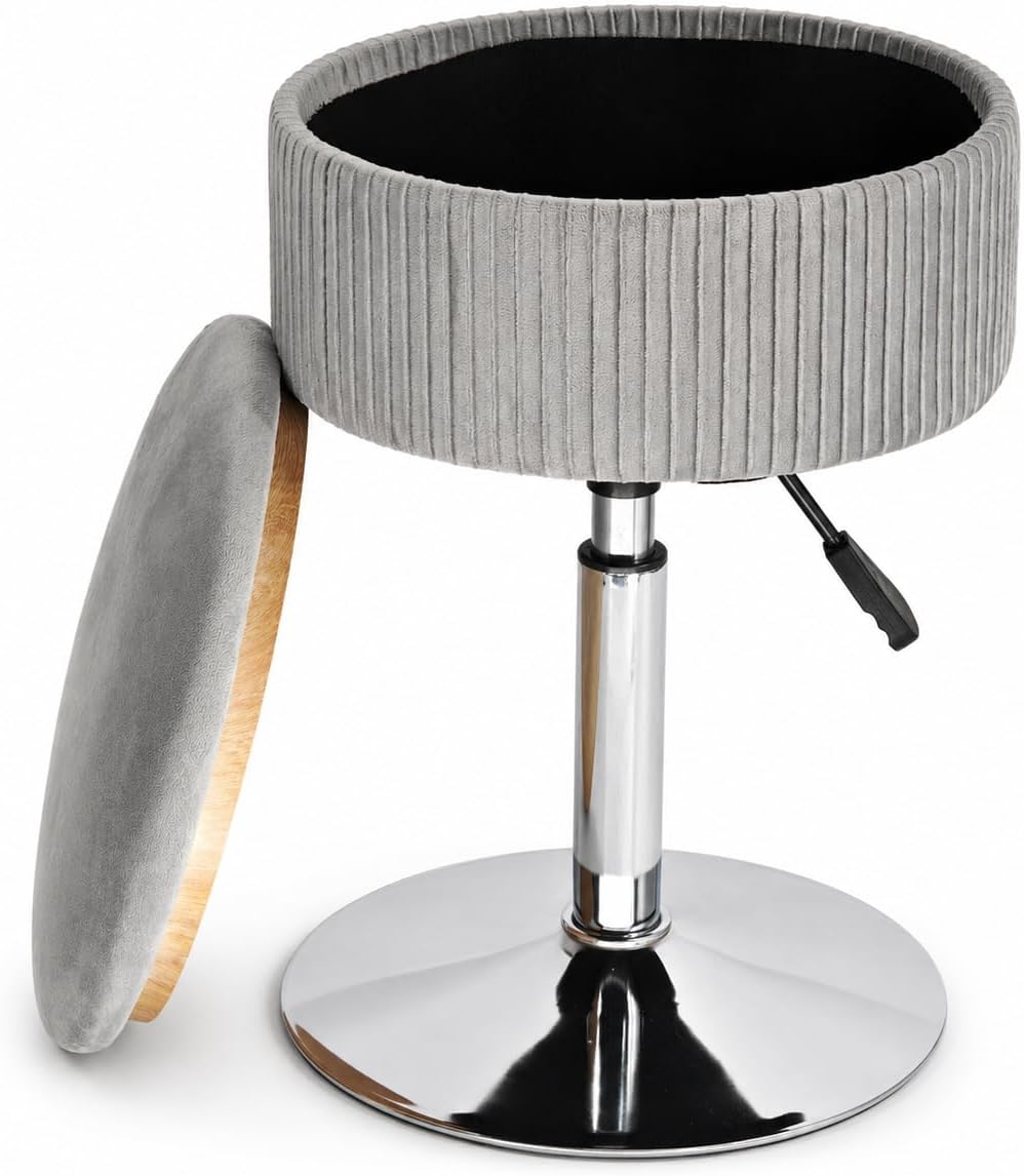 2 in 1 Adjustable Storage Vanity Stool with Flip-Over Wood Tray | 360° Swivel Vanity Chair with Storage, Small Round Makeup Stool for Vanity, Gray Velvet