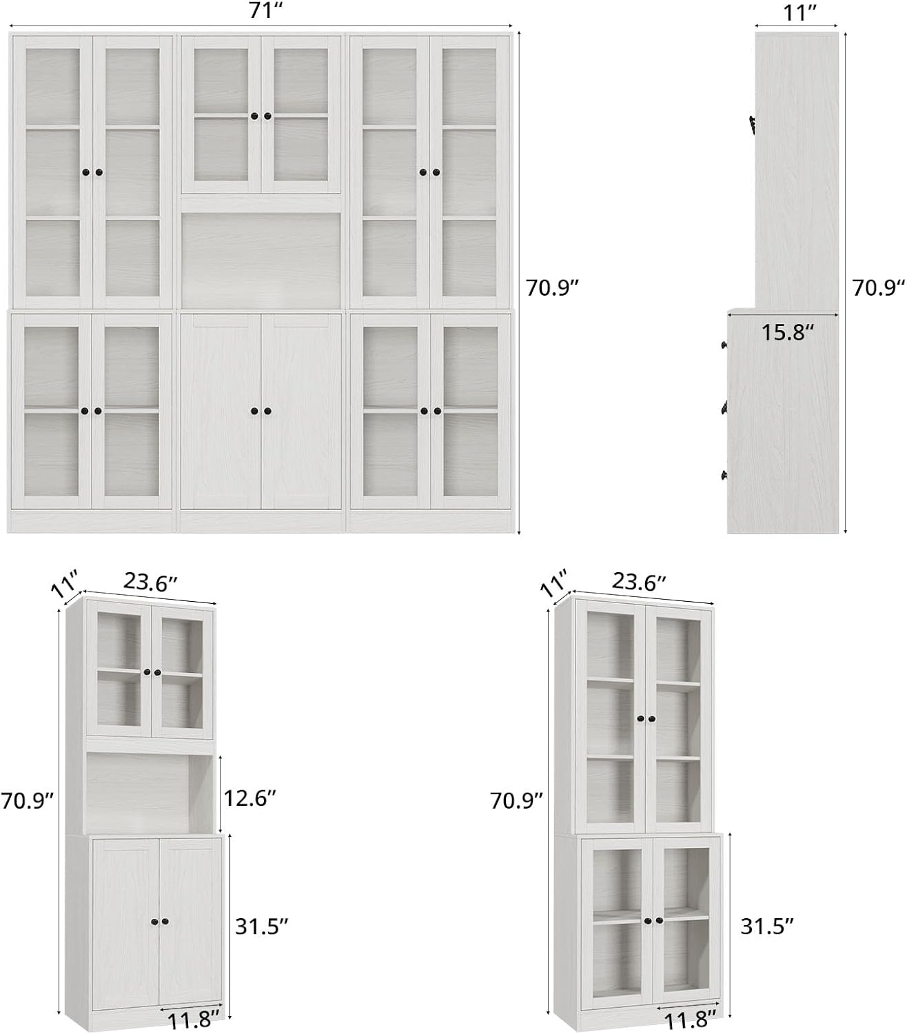 TUSY 71'' Tall Pantry Cabinet, Kitchen Hutch Storage Cabinet, Buffet Hutch Set of 3, China Cabinet with Glass Doors, 5-Tier Storage Cabinets for Dining Room, Living Room (White)