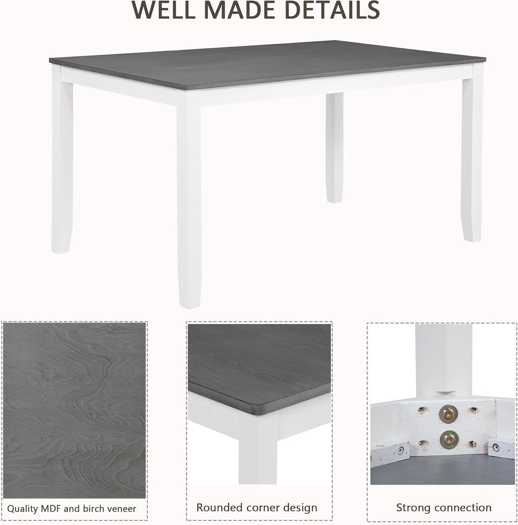 Merax 6-Piece Modern Dining Table Set with Chairs and Bench, Wood Kitchen Table Set for 4-6, Rectangular Kitchen Dining Table for Dining Room, Kitchen, Small Apartment, White+Gray