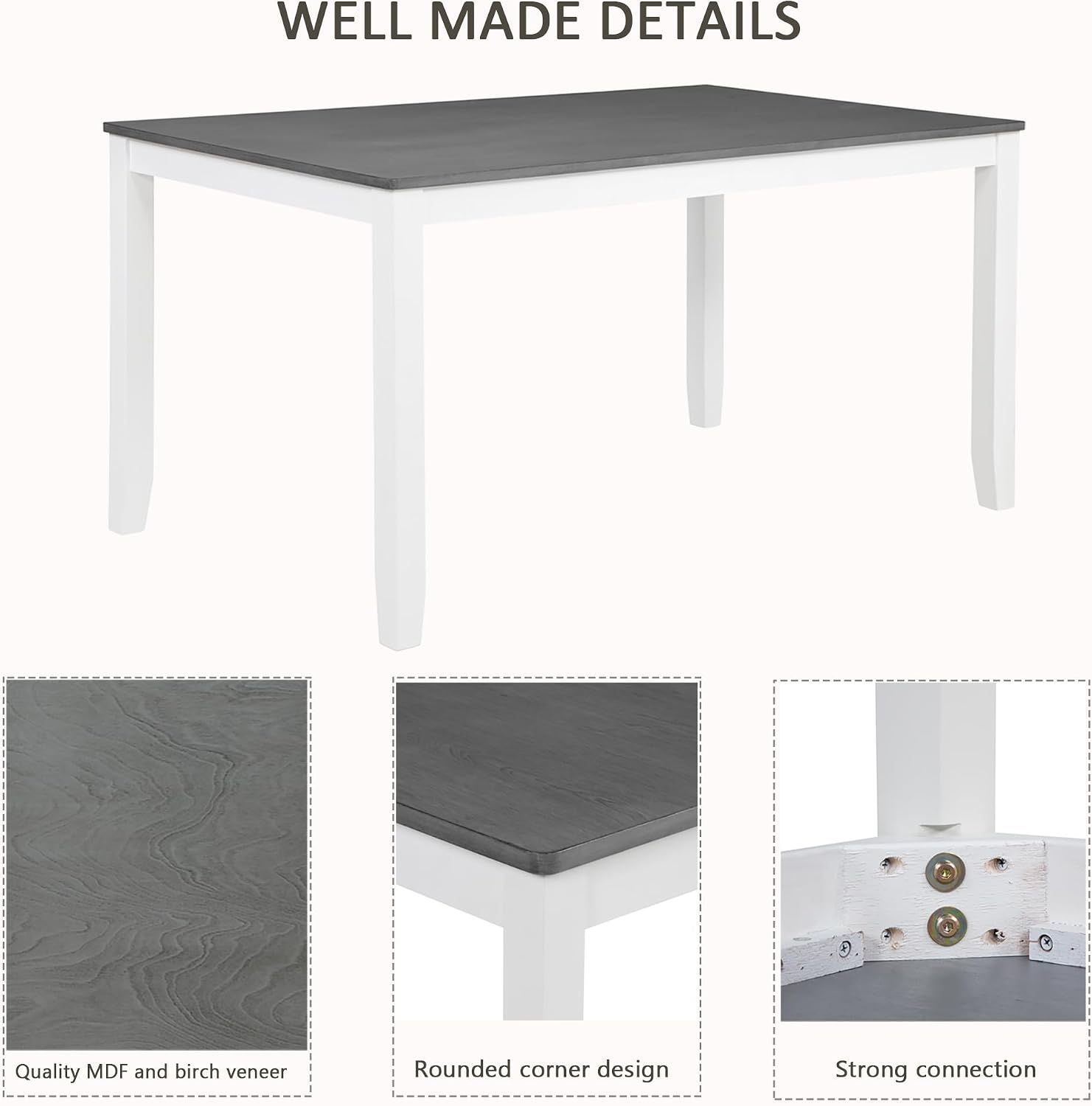 Merax 6-Piece Modern Dining Table Set with Chairs and Bench, Wood Kitchen Table Set for 4-6, Rectangular Kitchen Dining Table for Dining Room, Kitchen, Small Apartment, White+Gray