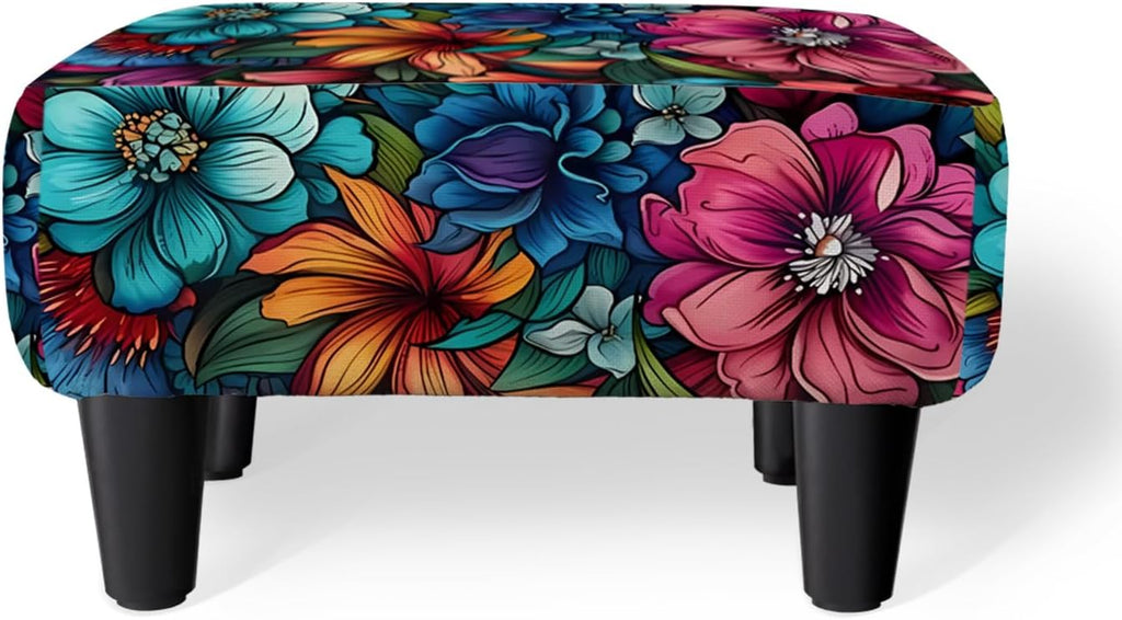 Flower Small Foot Stool Ottoman, Vintage Floral Linen Footrest for Couch | Soft Padded Cushion, Sturdy 4-Leg Frame, Non-Slip Feet, Compact 15" Size, Easy Assembly, Versatile Use