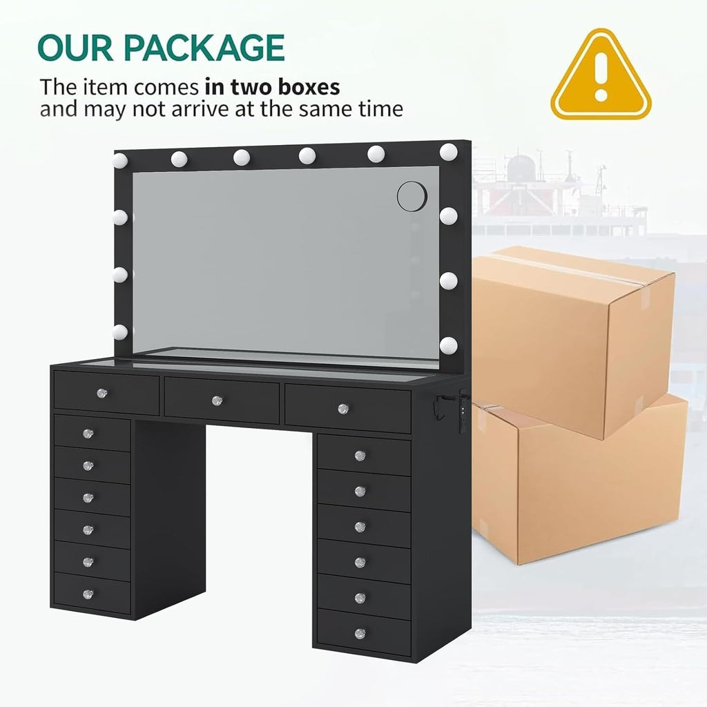 FUSOU 15 Drawers Vanity Desk with Mirror and Lights, Black | 47'' Makeup Vanity with Charging Station, 3 Color Modes Adjustable Brightness, Glass Top Vanity with Stool for Bedroom