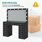 FUSOU 15 Drawers Vanity Desk with Mirror and Lights, Black | 47'' Makeup Vanity with Charging Station, 3 Color Modes Adjustable Brightness, Glass Top Vanity with Stool for Bedroom