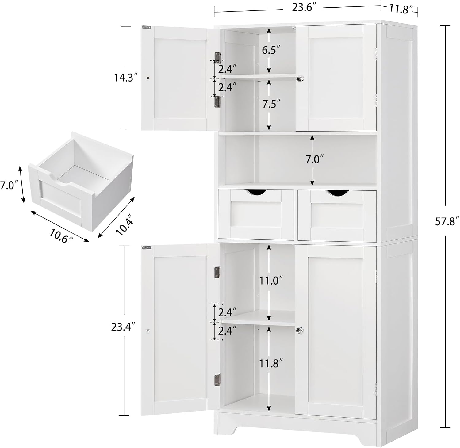 TEENFON 57.8" H Tall Bathroom Storage Cabinet with 4 Doors & 2 Adjustable Shelves, Freestanding Bathroom Cabinet with 2 Drawers, Kitchen Cabinets & Pantry, Cupboard for Kitchen, Dining Room, White