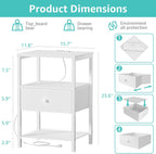 BOLUO White Nightstand with Charging Station, LED Night Stand with Fabric Drawers and Shelf, Bedside Table with USB Ports and Outlets, Bedroom Nightstand Modern