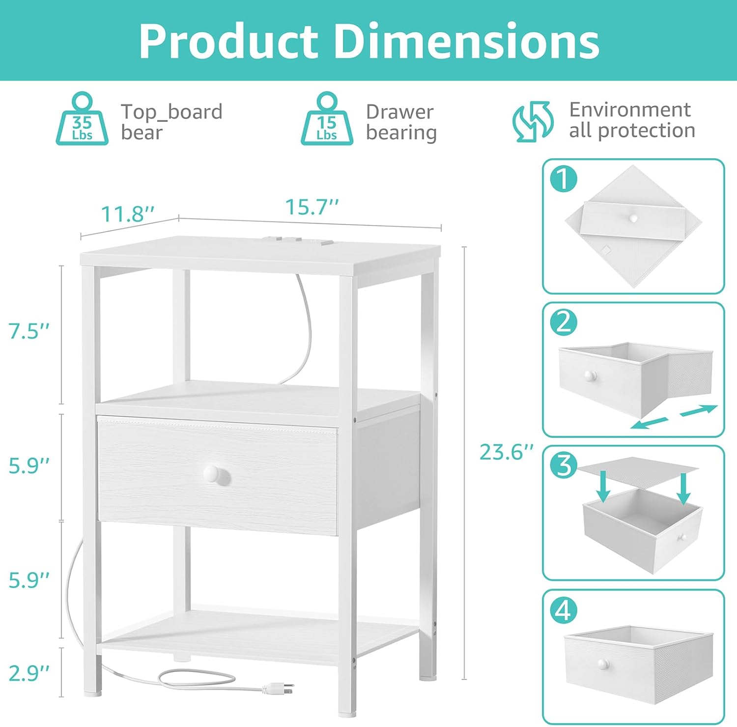 BOLUO White Nightstand with Charging Station, LED Night Stand with Fabric Drawers and Shelf, Bedside Table with USB Ports and Outlets, Bedroom Nightstand Modern