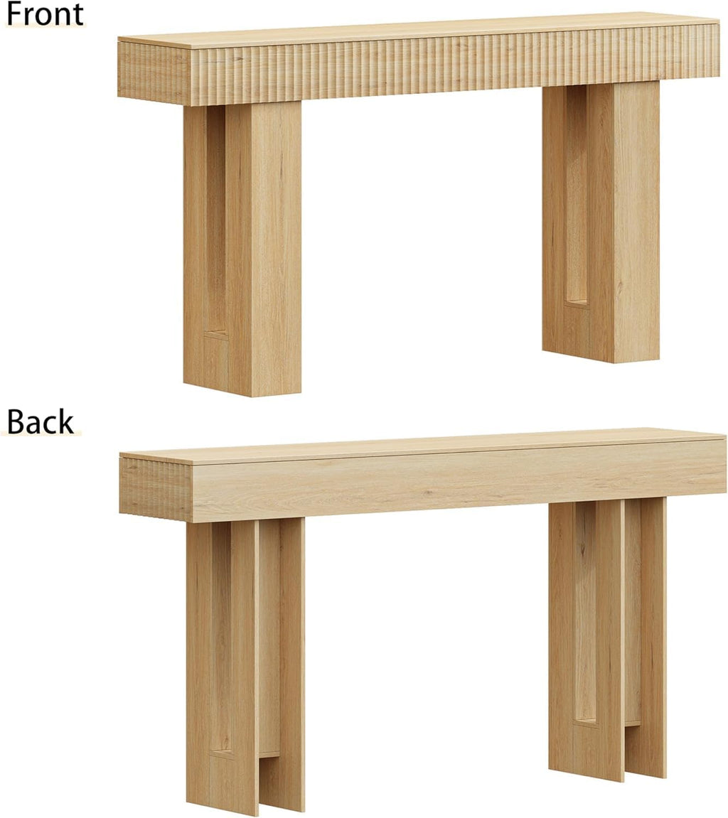 63-Inch Long Entryway Console Table with a Fluted Design, Thick Wood Farmhouse Sofa Table Behind Couch, Narrow Hallway Accent Table for Living Room, Foyer, Entrance, Natural Oak