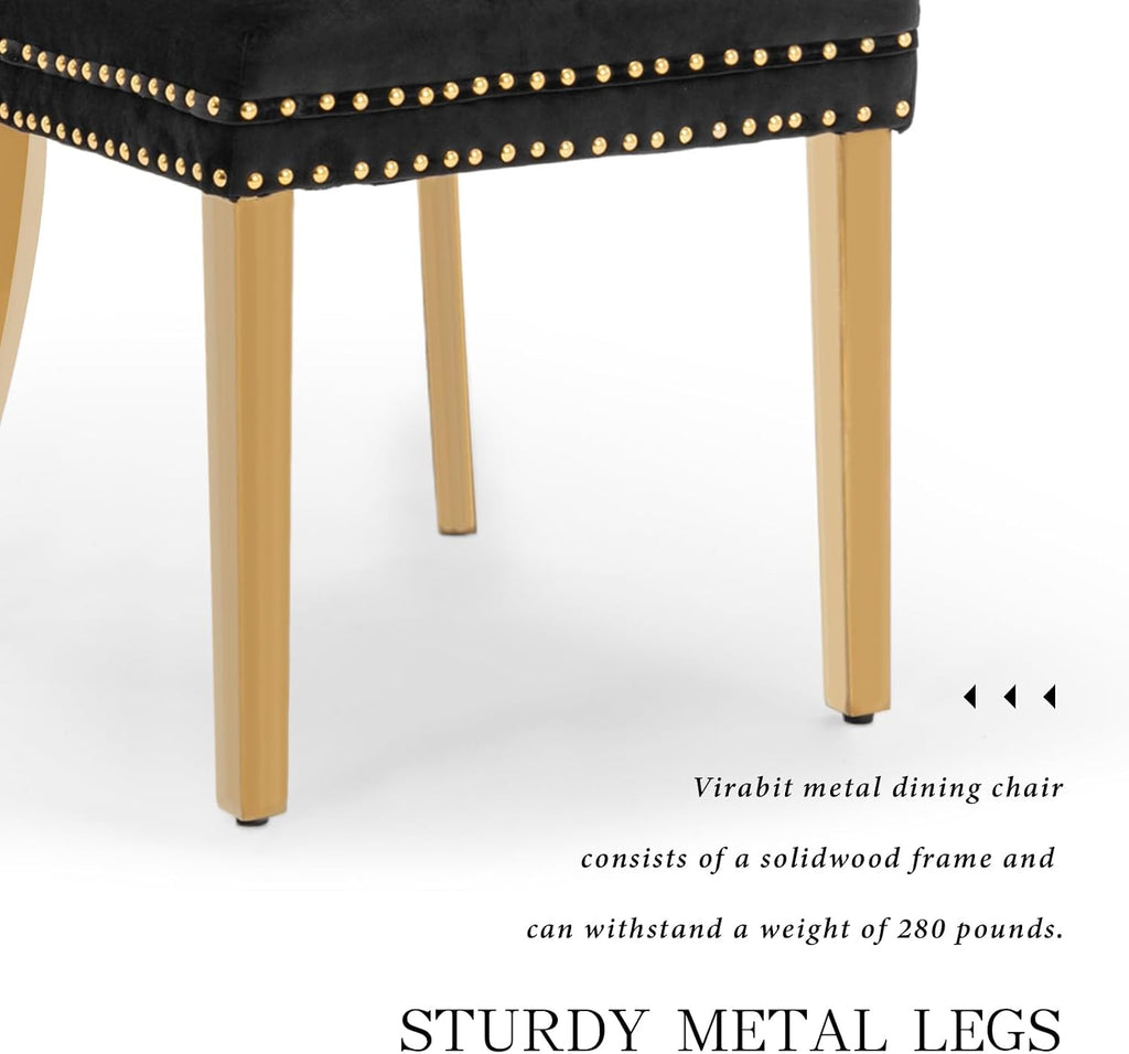 Velvet Dining Chair Set of 2,Upholstered Tufted Dining Room Chair with Nailhead Trim and Stainless Steel Gold Plated Leg for Kitchen,Black