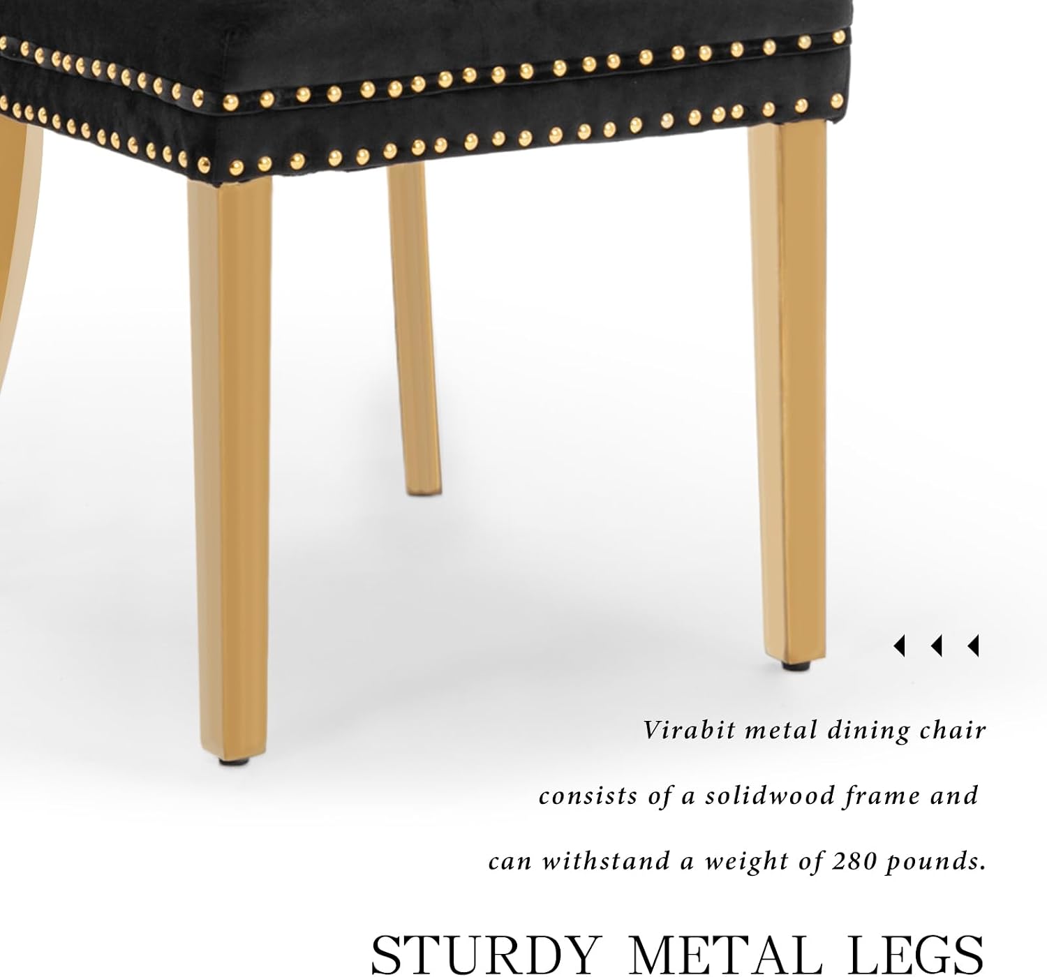 Velvet Dining Chair Set of 2,Upholstered Tufted Dining Room Chair with Nailhead Trim and Stainless Steel Gold Plated Leg for Kitchen,Black