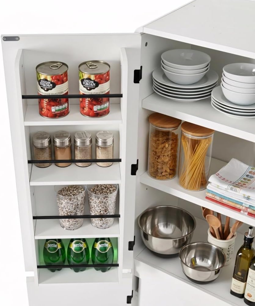 72" Tall Kitchen Pantry with Hidden Drawer, 8 Door Shelves & 3 Adjustable Shelves Farmhouse Cabinet, Versatile Cupboard for Kitchen, Dining & Bathroom (White)