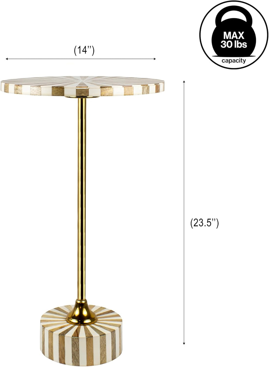 JONATHAN Y Calix 23.5" Round Sunburst Pedestal Drink Table, Light Brown | Modern Art Deco Style, Glossy Gold Metal Candlestick Leg, Ideal For Small Spaces, Living Room Or Bedroom, Spill-Proof Top