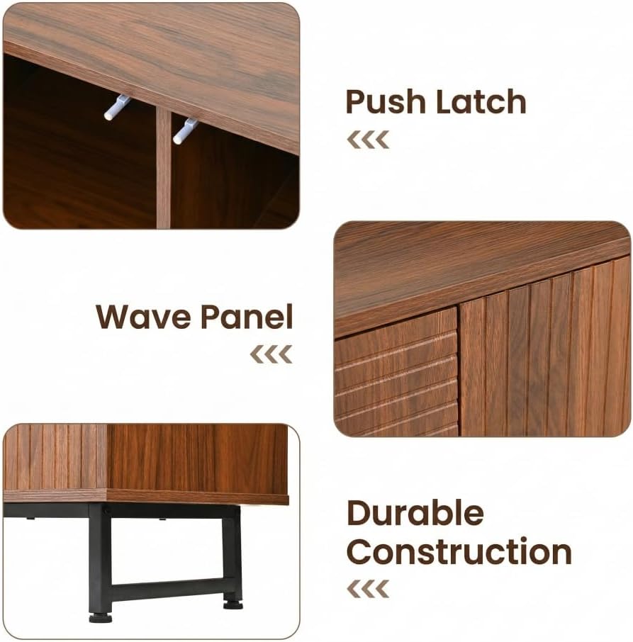 Saiveina Mid-Century Modern Walnut Sideboard Buffet Cabinet, 59 * 16 * 33 Inches Geometric Carved Storage Cabinet with Metal Legs, Multi-Purpose Credenza for Living Room, Dining Room, Entryway