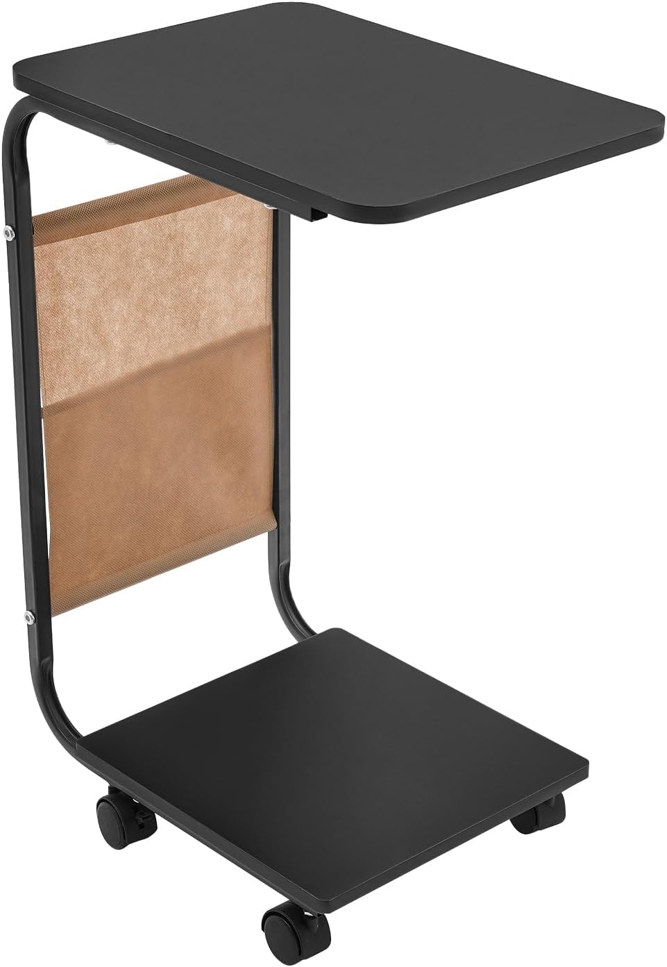 C Shaped Side Table, Small Side Table for Sofa and Bed, Computer Desk with Rolling Wheels and Storage Bag Side Table Slide Under Sofa Tray Table for Living Room Bedroom Office (Black)