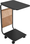 C Shaped Side Table, Small Side Table for Sofa and Bed, Computer Desk with Rolling Wheels and Storage Bag Side Table Slide Under Sofa Tray Table for Living Room Bedroom Office (Black)