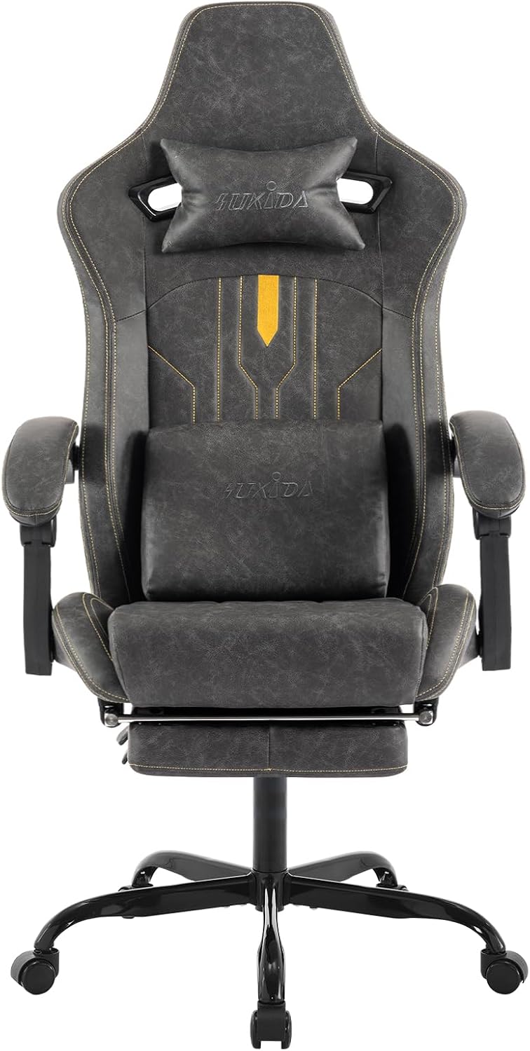 Gaming Chair with Footrest Ergonomic Computer Chair Massage Lumbar Cushion, Racing Video Game Chair Adjustable Rocker Recliner Executive Office Desk Chair Pu Leather for Adults, Grey