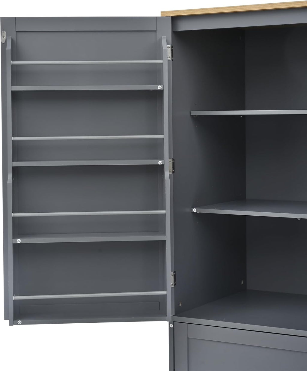 Kitchen Pantry Cabinet with Storage Drawers and 2 Adjustable Shelves, Freestanding Tall Cabinet with 8 Door Shelves, High Freestanding Kitchen Pantry, Gray