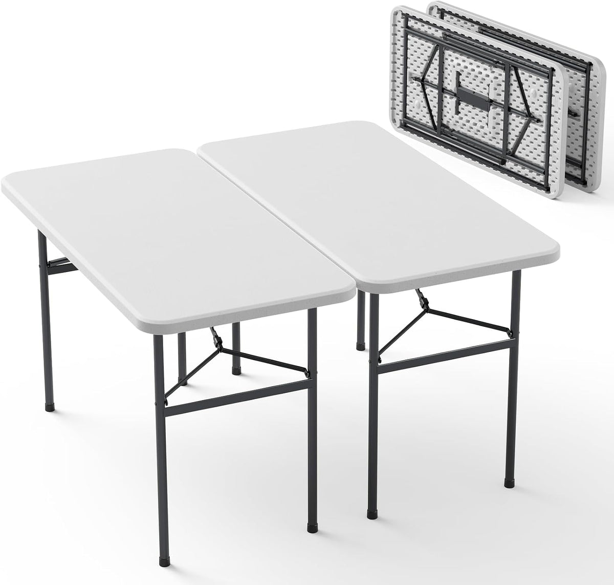 Folding Table, 2 Pack 4ft Folding Table with Foldable Steel Legs, Heavy Duty Plastic Foldable Table, Metal Frame, Support up to 400 lb, Portable for Banquet, Craft, Party, Indoor & Outdoor Use, White