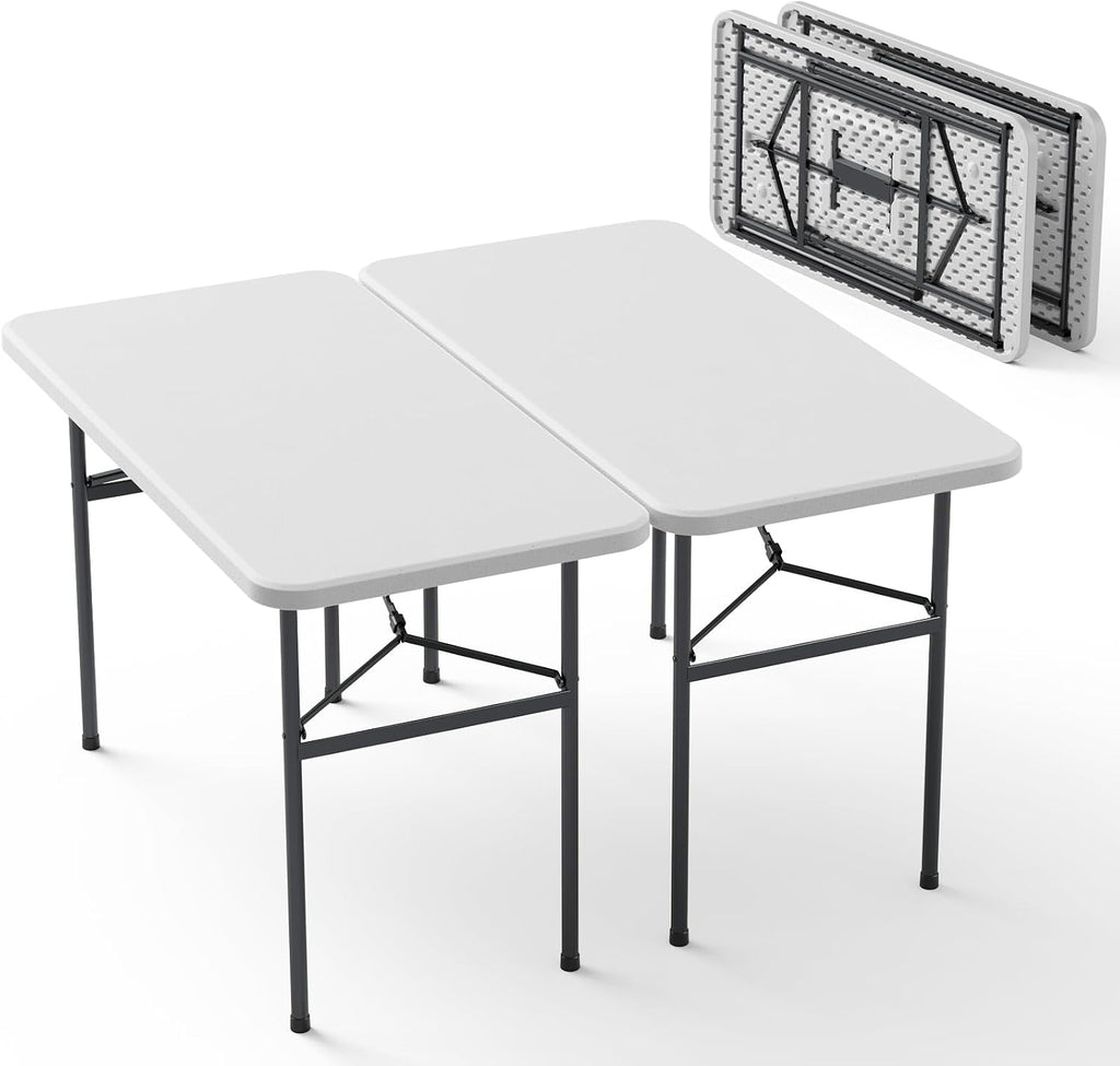 4ft Folding Table 2 Pack, Heavy Duty Plastic Card Table with Foldable Steel Legs, Metal Frame Support up to 400 lb, Portable for Indoor, Outdoor, Picnic, Camping, Dining, Party, White