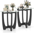 Giantex Glass End Tables Set of 2, Round Side Tables with Rubber Wood Frame & Tempered Glass Top, 23.5" Small Black Coffee Table, Modern Glass Nightstand for Living Room Balcony Bedroom, Easy Assembly