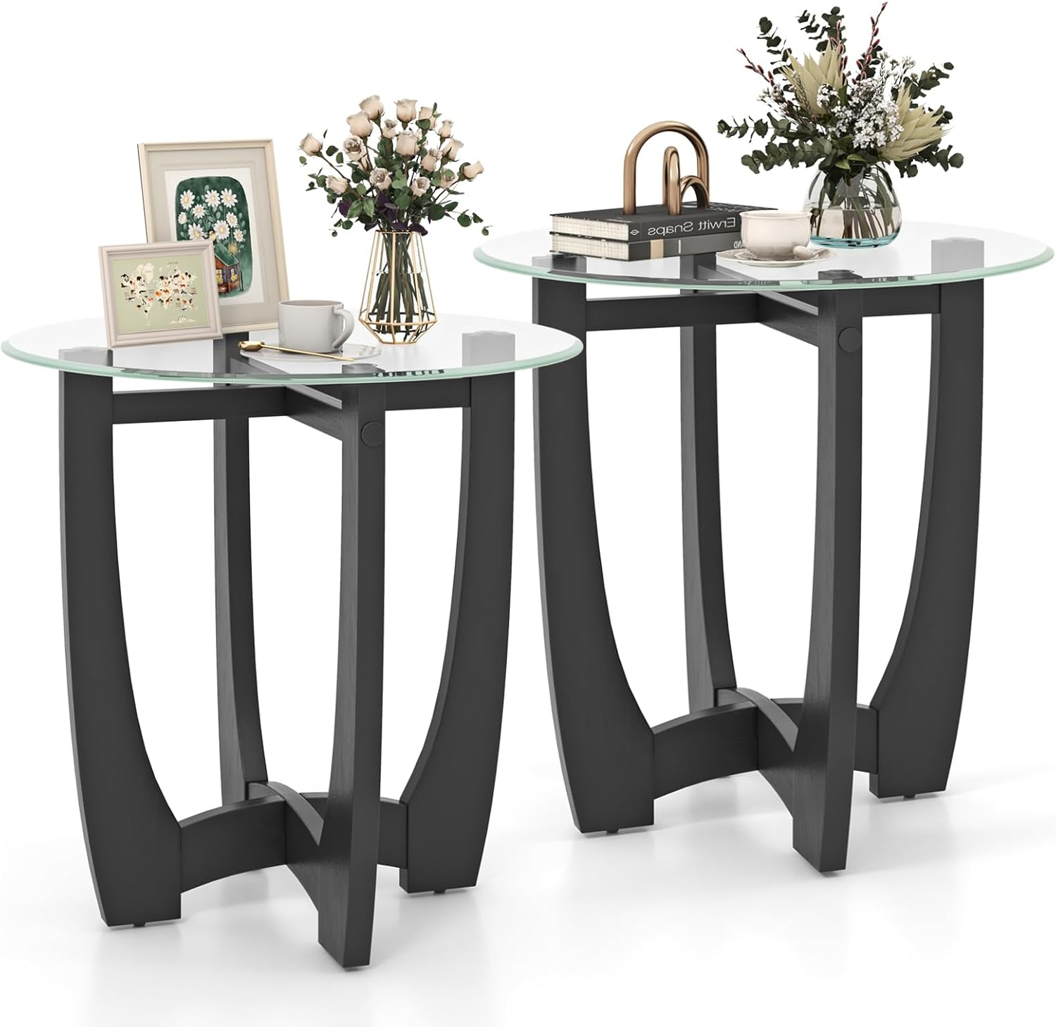 Giantex Glass End Tables Set of 2, Round Side Tables with Rubber Wood Frame & Tempered Glass Top, 23.5" Small Black Coffee Table, Modern Glass Nightstand for Living Room Balcony Bedroom, Easy Assembly