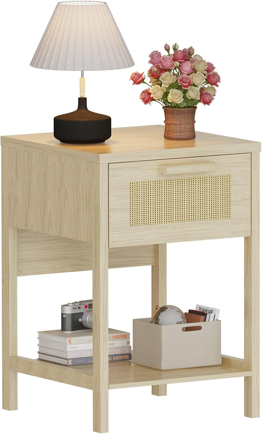 furlinkhm Rattan Nightstand, Boho Bedside Table, 23" Rattan Nightstand, End Table with Drawer, Wood Bedside Table Boho End Tables Side Tables with Storage Shelf, Suitable for Bedroom, Living Room