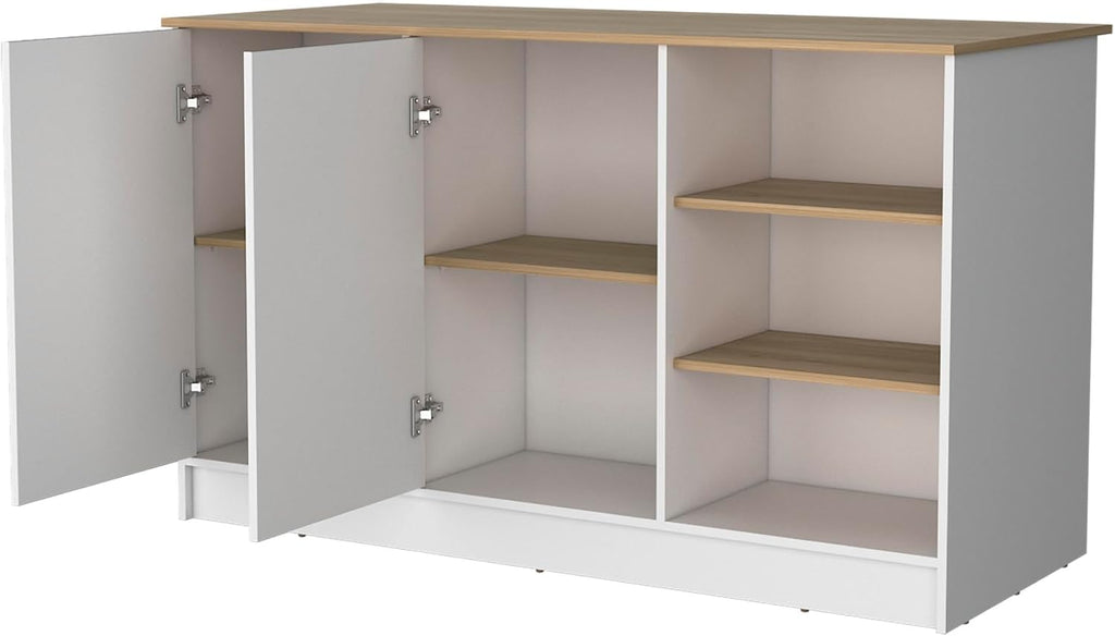 Melamine Kitchen Island with Two Doors and Three Open Shelves | two doors with internal shelves and three open storage shelves