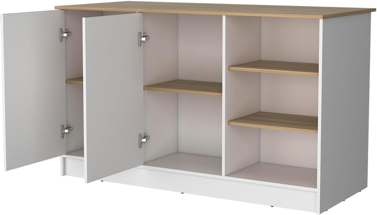 Melamine Kitchen Island with Two Doors and Three Open Shelves | two doors with internal shelves and three open storage shelves