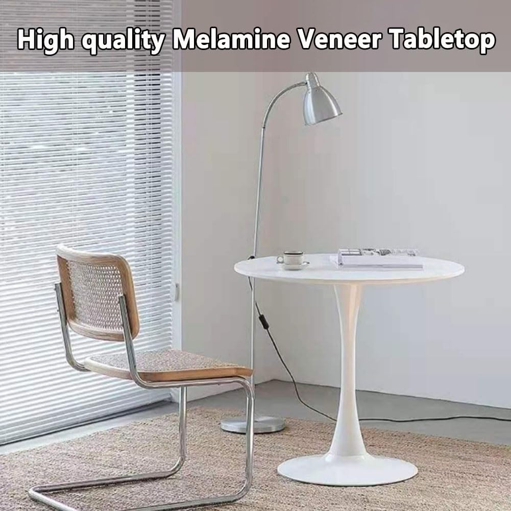 23.4" Tulip Dining Table, White, Perfect for 2-4 People, Mid-Century Modern Style, Round MDF Top with Sturdy Base for Dining Room, Living Room, Cafe