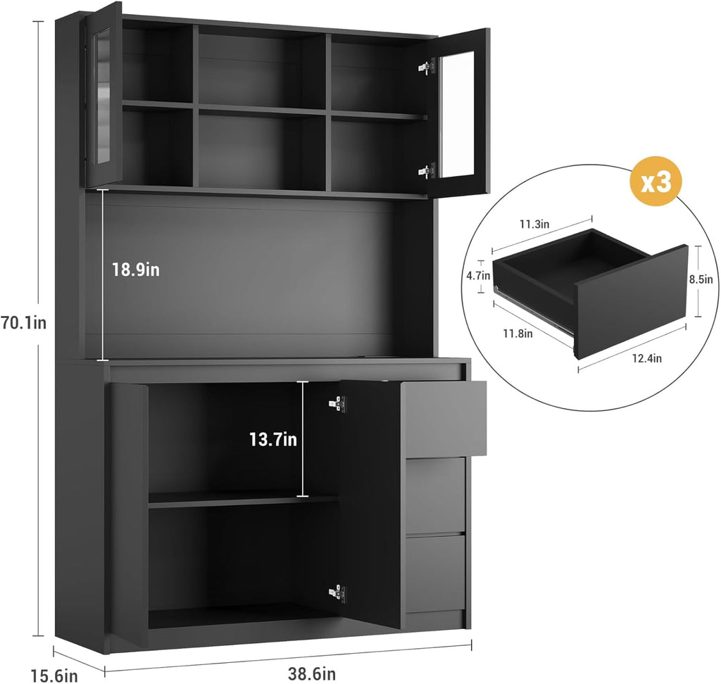 71" Kitchen Pantry Cabinet,Tall Storage Cabinet with Doors & Shelves Adjustable, Kitchen Storage Hutch with Microwave Shelf,Coffee Bar,Led Lights&Charging Station,Corner Pantry Cabinet for Living Room