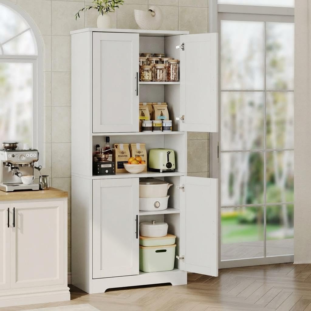 Kitchen Pantry Cabinet, 70in Tall White Storage Cupboard with Doors and Adjustable Shelves, Freestanding Stand Alone Wood Furniture Hutch for Living Room, Bathroom, Home Organization