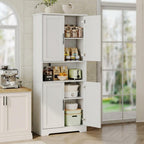 Kitchen Pantry Cabinet, 70in Tall White Storage Cupboard with Doors and Adjustable Shelves, Freestanding Stand Alone Wood Furniture Hutch for Living Room, Bathroom, Home Organization