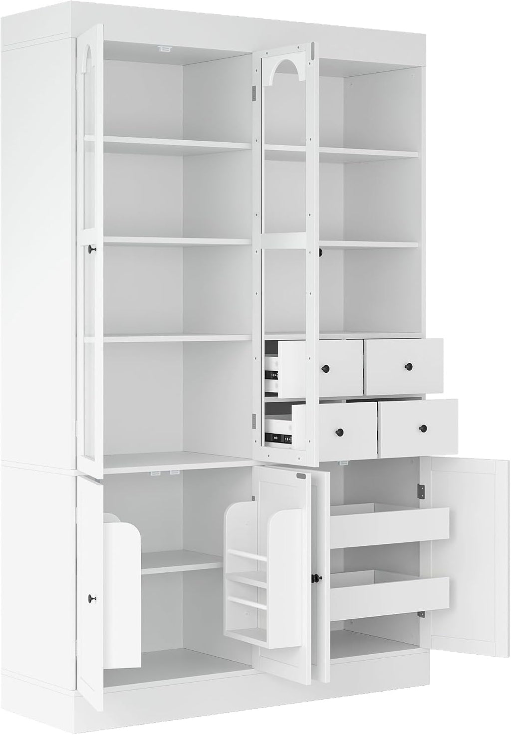 Virubi 75 Inch Tall Kitchen Pantry Storage Cabinet with Glass Doors, Freestanding Buffet with Hutch 4 Drawers&Built-in Door Shelves&Pull-Out Trays for Dining Room, Food Pantry for Living Room (White)