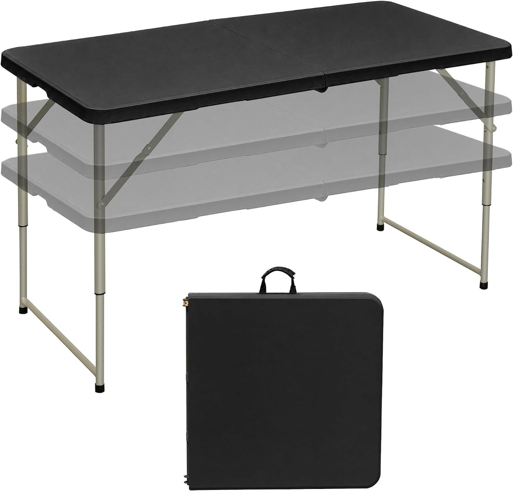 VECELO Folding Table 4 Ft, 3 Adjustable Height, Portable w/Handle, Black | Fold-in-Half, Heavy Duty, Space Saving, Plastic Utility Table, for Camping, Party, Dining, Indoor & Outdoor Use