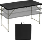VECELO Folding Table 4 Ft, 3 Adjustable Height, Portable w/Handle, Black | Fold-in-Half, Heavy Duty, Space Saving, Plastic Utility Table, for Camping, Party, Dining, Indoor & Outdoor Use