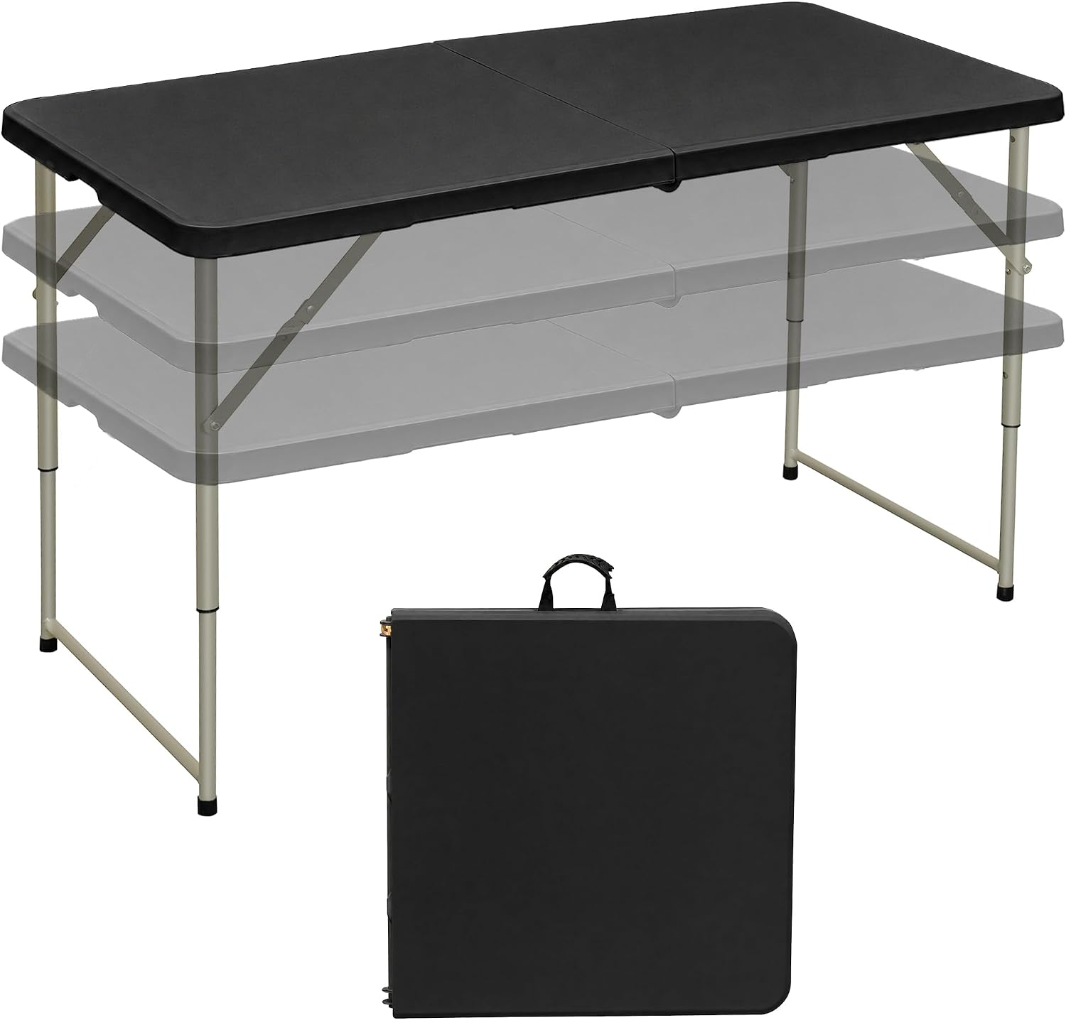 VECELO Folding Table 4 Ft, 3 Adjustable Height, Portable w/Handle, Black | Fold-in-Half, Heavy Duty, Space Saving, Plastic Utility Table, for Camping, Party, Dining, Indoor & Outdoor Use