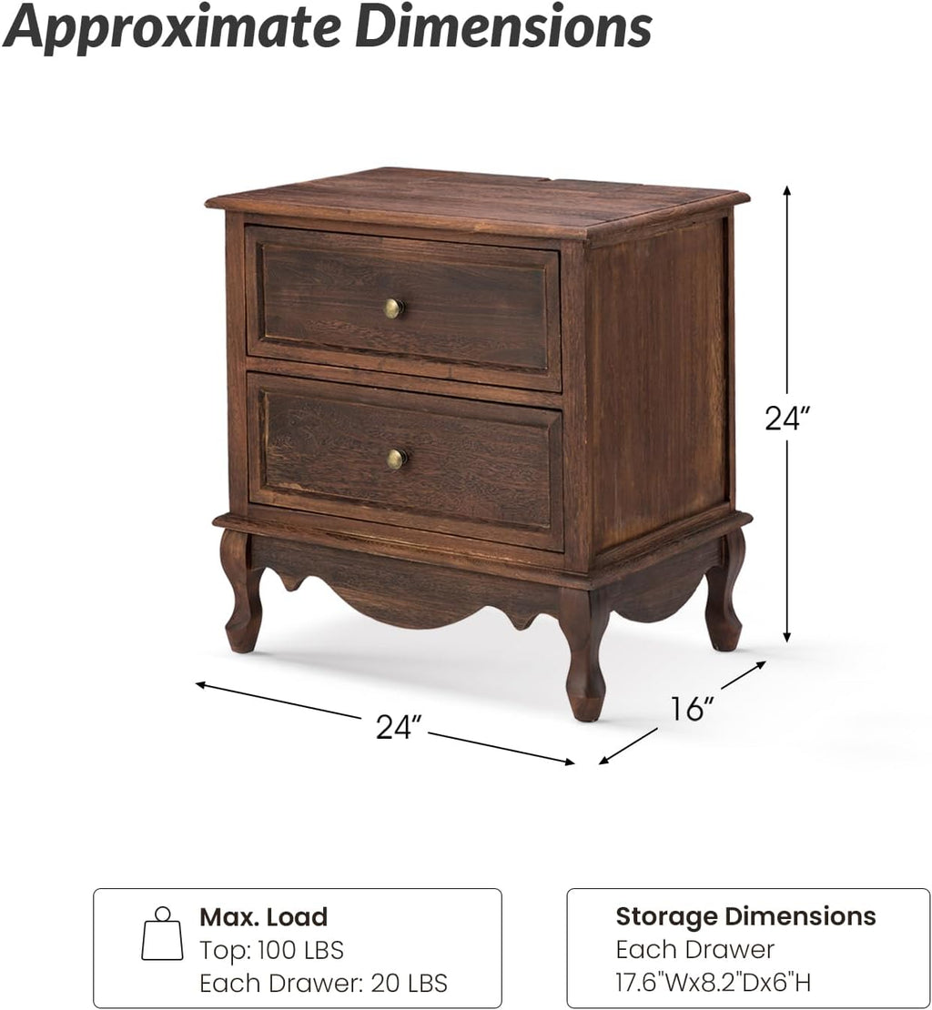 End Table with Charging Station, Wood Side Table with 2 Drawers Organizer, Farmhouse Accent Table for Living Room and Sofa, Walnut