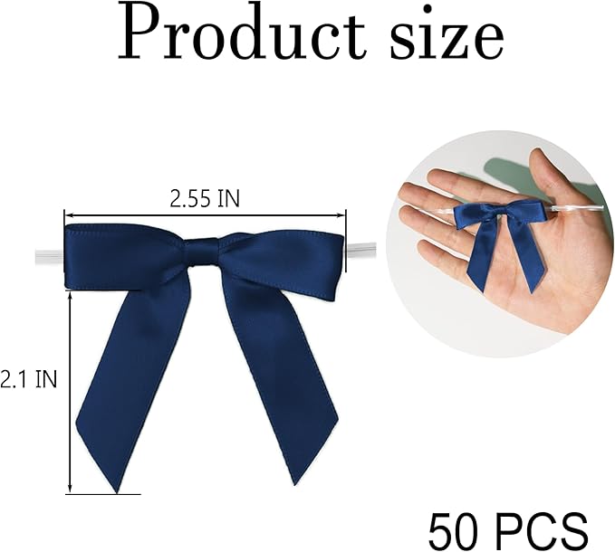 50Pcs Navy Blue Twist Tie Bows for Gift Wrapping 2.5" Satin Ribbon Bow for Treat Bags Cake Balloons Birthday Party Favors Wedding Decorations