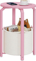 TUTOTAK Oval End Table with Woven Storage Basket, Pink Small Side Table for Living Room, Bedroom, TB01BP093