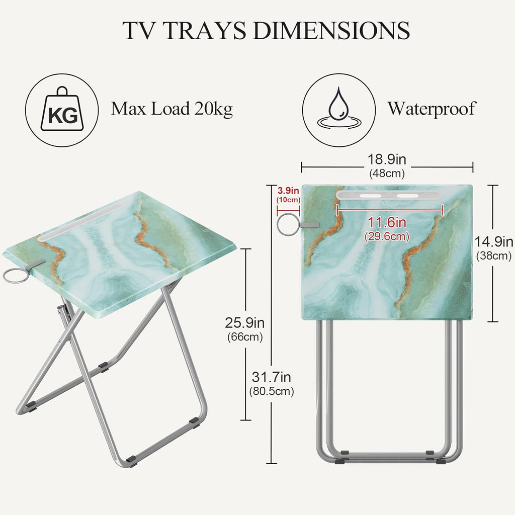 TV Trays Table Set of 2 Portable Folding TV Tray Table TV Dinner Tray with Sturdy MDF, Small Folding Tables with Phone & Tablet Slot, No Assembly Required, 15 x 18.9 x 25.6 in (Sea Blue Marble, 2Pcs)